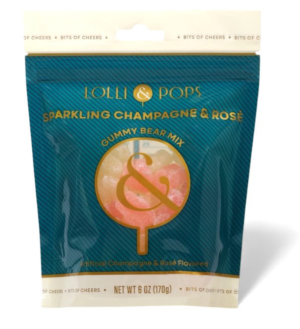 Product photograph of Lolli & Pops Sparkling Champagne and Rosé Gummy Bear Mix package featuring a teal pouch with gold diagonal stripes and a circular window revealing sugar-dusted pink and cream gummy bears on a white background