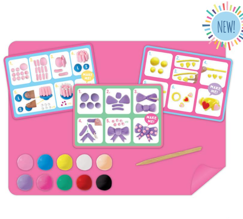 Digital product graphic for a modeling clay kit featuring step-by-step instructional cards for a purple polka-dot bow and yellow jewelry alongside ten vibrant clay spheres and a wooden tool on a bright pink background with a circular NEW! badge