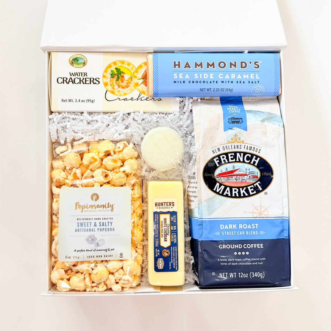 Snack gift box with popcorn, coffee, crackers and cheese!