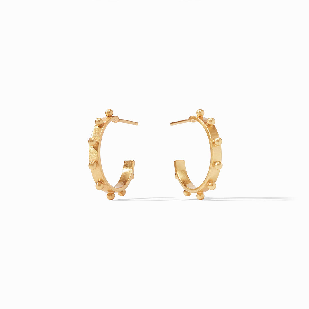 Julie Vos 24K gold plate jewelry featuring a pair of Milano hoop earrings on a white background with signature raised beads along the outer rim and a soft brushed finish