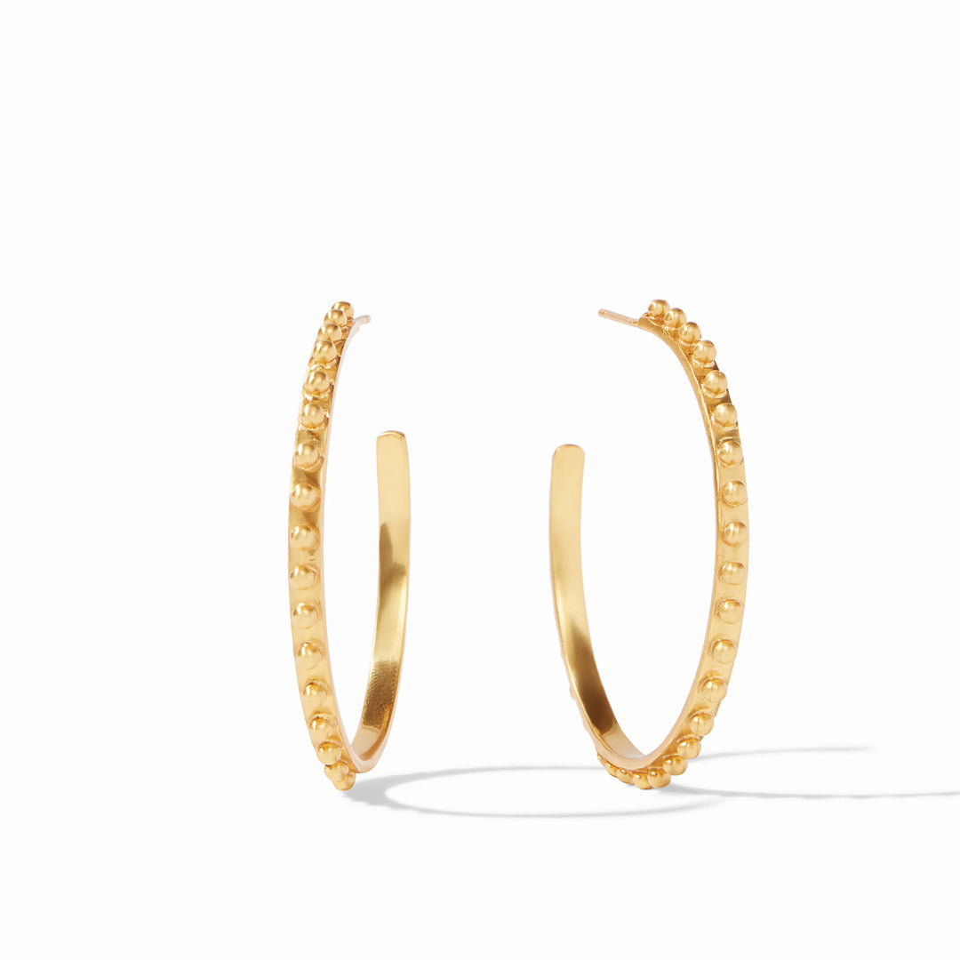 24K gold plate earrings by Julie Vos featuring a pair of beaded hoop earrings on a white studio background with a signature textured outer rim and radiant golden spheres