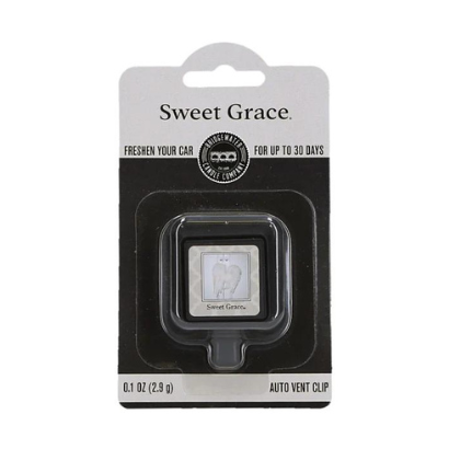 Product photograph of a Bridgewater Candle Company Sweet Grace auto vent clip on a white background featuring the brand's circular bridge logo on a black and white card with white angel wings and clear plastic packaging