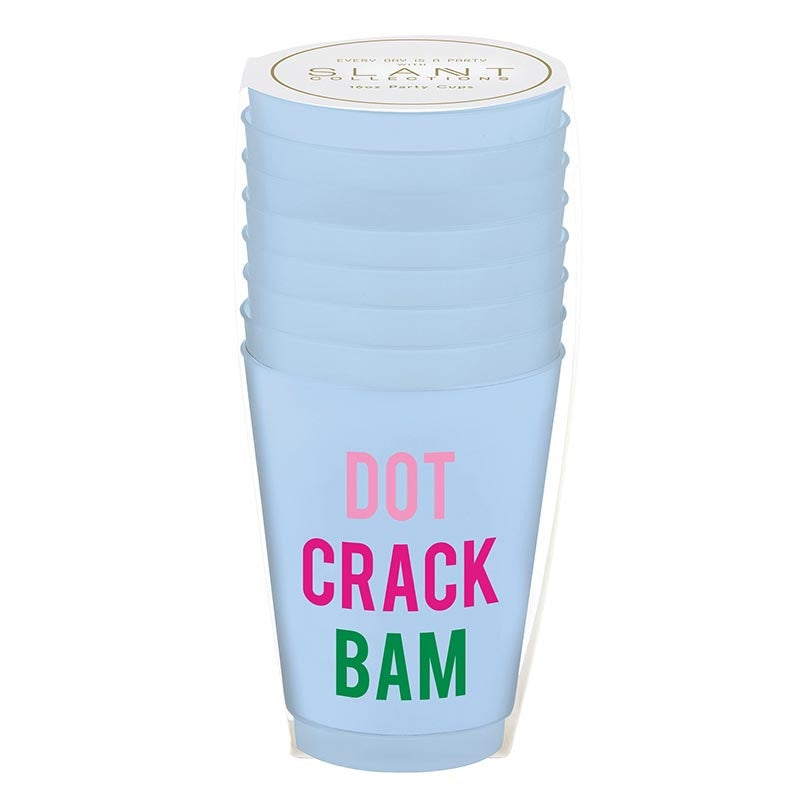 Slant Collections Mahjong-themed light blue plastic party cups stacked on a white background featuring the words DOT CRACK BAM in vibrant pink, magenta, and green block lettering