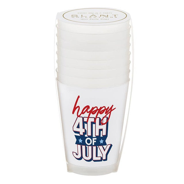 Frosted plastic party cups by Slant Collections stacked against a white background featuring red cursive happy and blue block 4TH OF JULY text with white stars