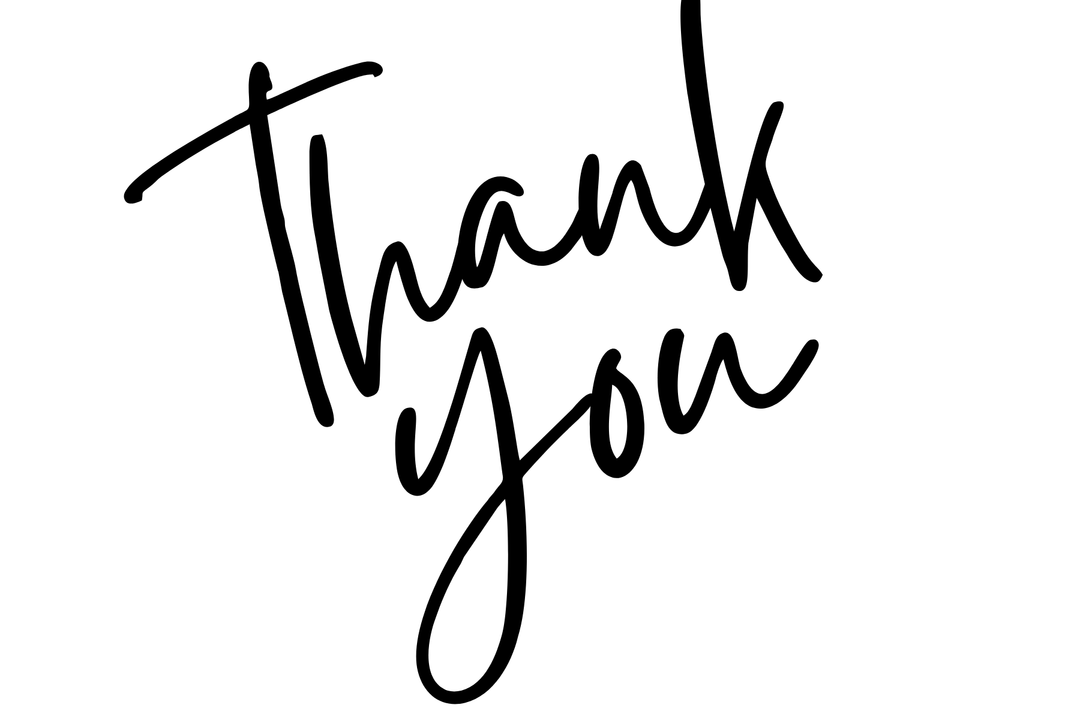 Digital calligraphy of the phrase Thank you centered on a white background featuring bold black cursive script with a dynamic diagonal tilt and elegant minimalist lines