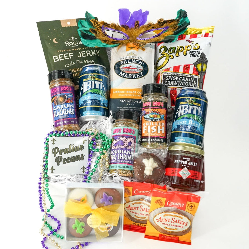 Assorted snack items including beef jerky and chips with Mardi Gras-themed packaging on a white background.