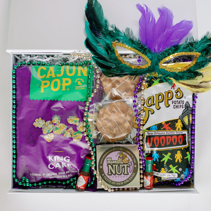 Photograph of a New Orleans Mardi Gras gift box featuring iconic Zapp&