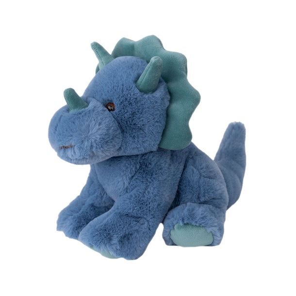 Plush toy by Jellycat of a blue triceratops dinosaur sitting on a white background featuring a seafoam green scalloped frill, matching soft horns, and a textured dusty-blue body