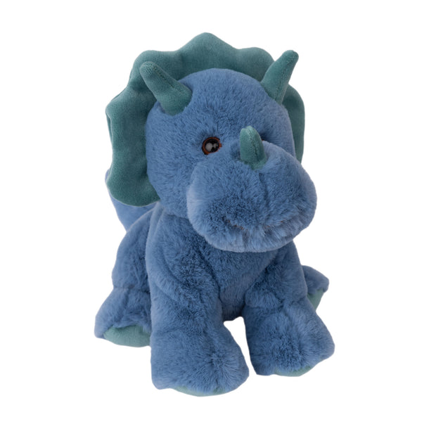 Plush toy of a slate blue triceratops dinosaur positioned on a white background featuring a contrasting teal frill, three stuffed horns, and small dark bead eyes