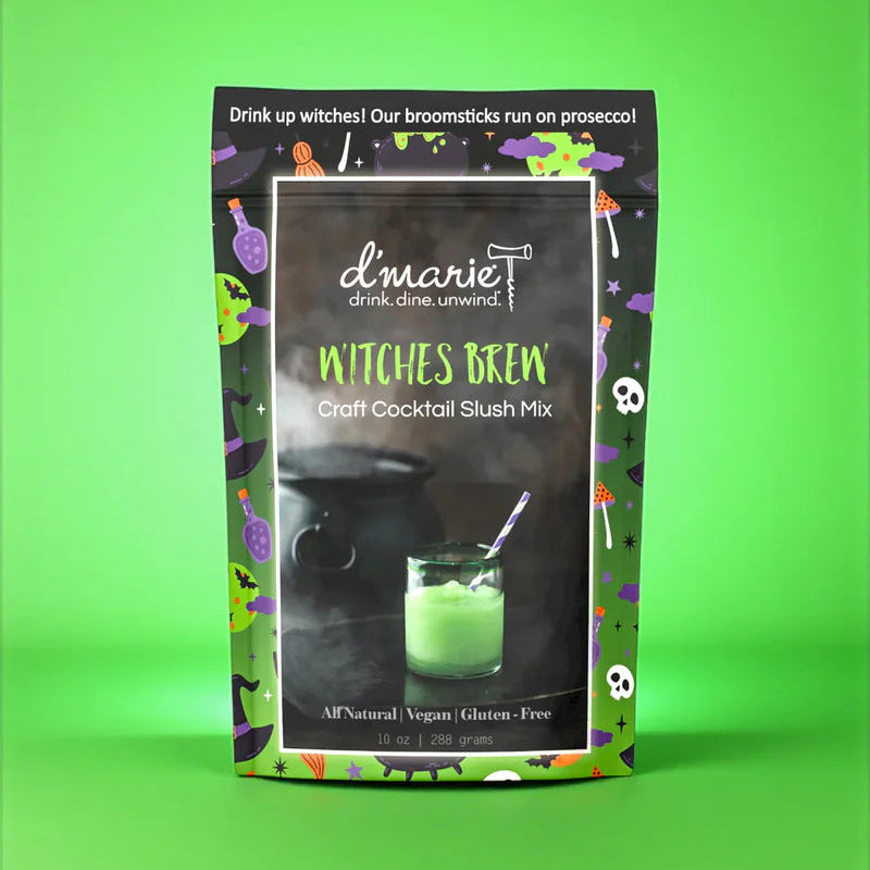 Graphic design by d'marie featuring a pouch of Witches Brew Craft Cocktail Slush Mix on a lime green background with a bubbling black cauldron, a green slushy with a purple striped straw, and a playful border of purple witch hats