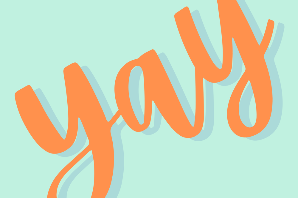 Digital graphic illustration of the word yay featuring vibrant orange cursive lettering and a soft teal drop shadow slanted across a minimalist mint green background