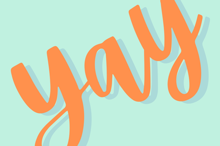 Digital graphic illustration of the word yay featuring vibrant orange cursive lettering and a soft teal drop shadow slanted across a minimalist mint green background