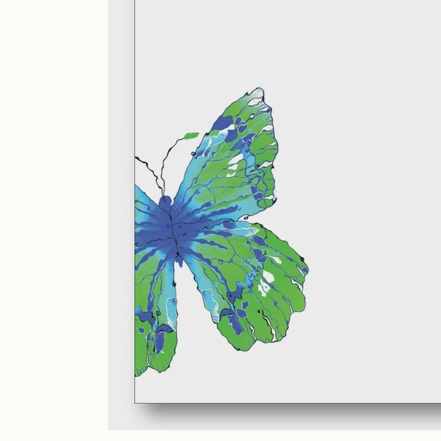 Contemporary print by Damien Hirst showcasing two butterflies with vibrant marbled blue and lime green wings positioned in opposite corners of a minimalist white background featuring delicate black ink antennae and intricate paint-splatter textures