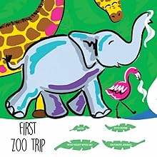 Digital illustration of a smiling light blue elephant with purple highlights and a vibrant pink flamingo at a zoo featuring a yellow giraffe with pink spots and leaf-shaped journaling fields titled First Zoo Trip
