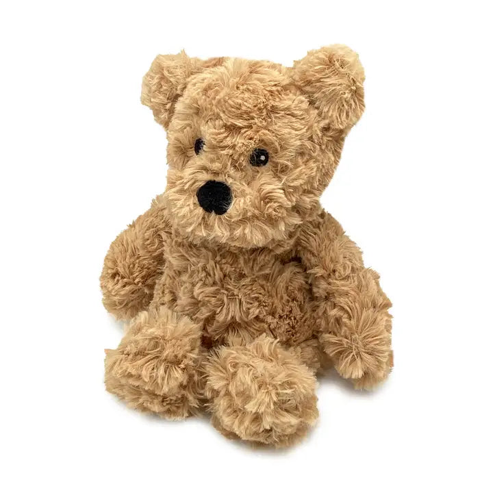 Plush stuffed animal of a tan teddy bear sitting on a white background featuring shaggy curly fur, small black bead eyes, and a black nose