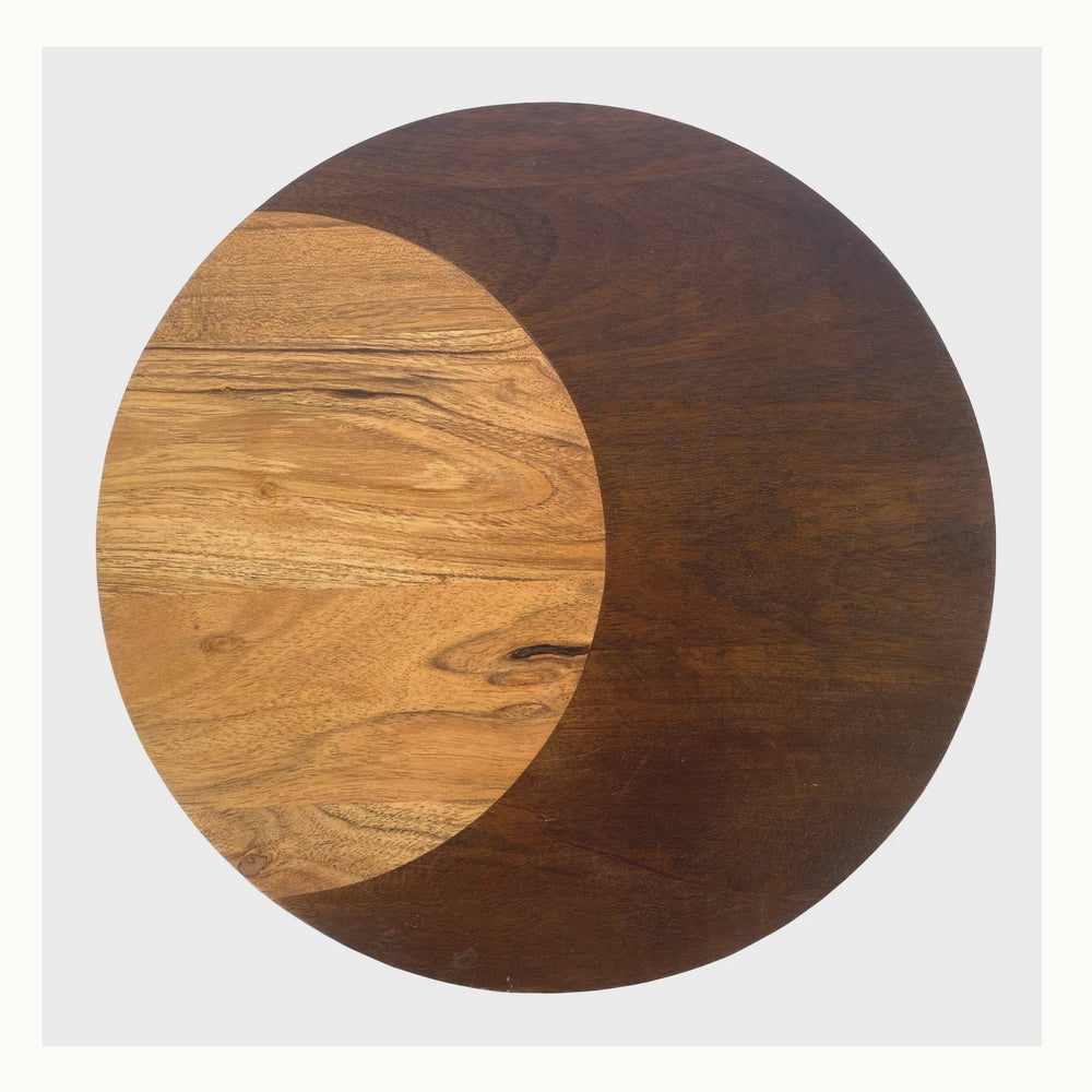 Handcrafted wood wall art showcasing a circular composition with a light honey-toned crescent moon shape against a white background featuring a smooth curved division and a dark espresso-stained wood finish with visible natural knots