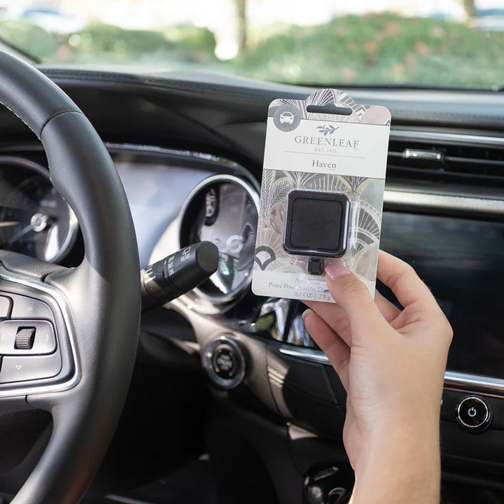 Digital photograph of a hand holding a Greenleaf Haven auto vent clip package inside a car cabin featuring a black steering wheel, palm leaf-patterned packaging, and a square-shaped diffuser clip