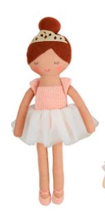 Handcrafted fabric ballerina doll on a white background featuring a gold glitter tiara, a white tulle tutu, and pink ballet slippers with crisscross detailing