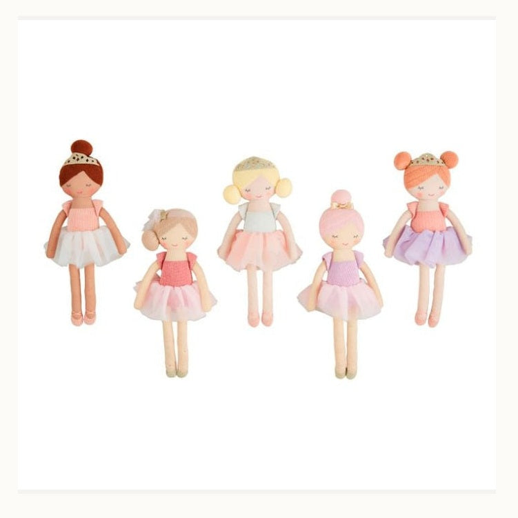 Handcrafted fabric ballerina dolls featuring five diverse figures on a white background with shimmering gold crowns, multi-layered pastel tulle tutus, and various hair textures and skin tones