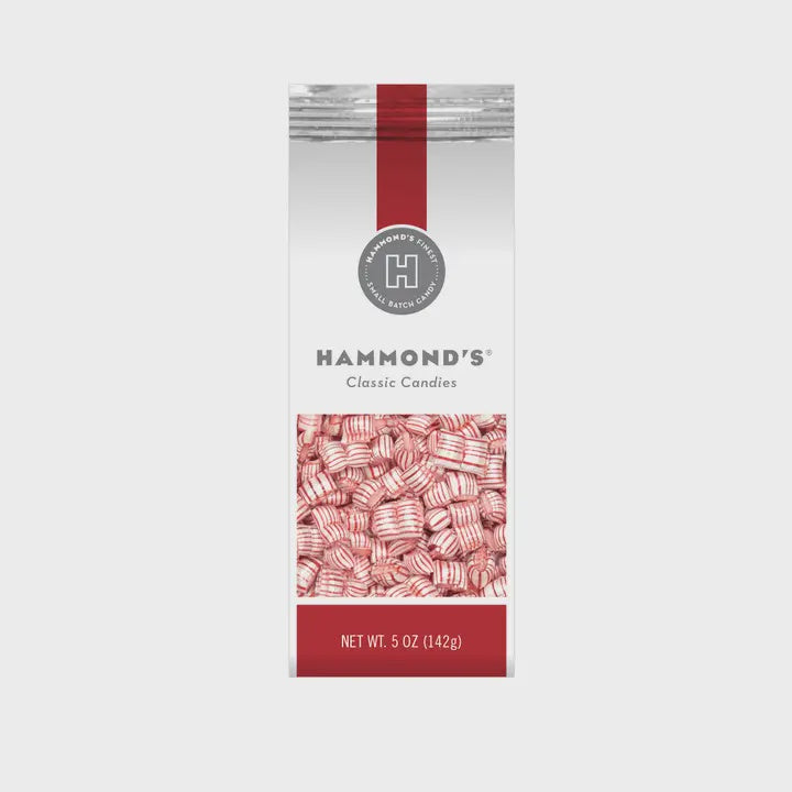 Product photograph by Hammond's showcasing a 5 oz bag of Classic Candies against a neutral background featuring red and white striped peppermint pillows visible through a clear window and a signature circular H logo