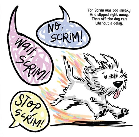Digital illustration of a small white scruffy dog named Scrim running with his pink tongue out past colorful pastel speech bubbles and vibrant scribbled motion trails on a white background