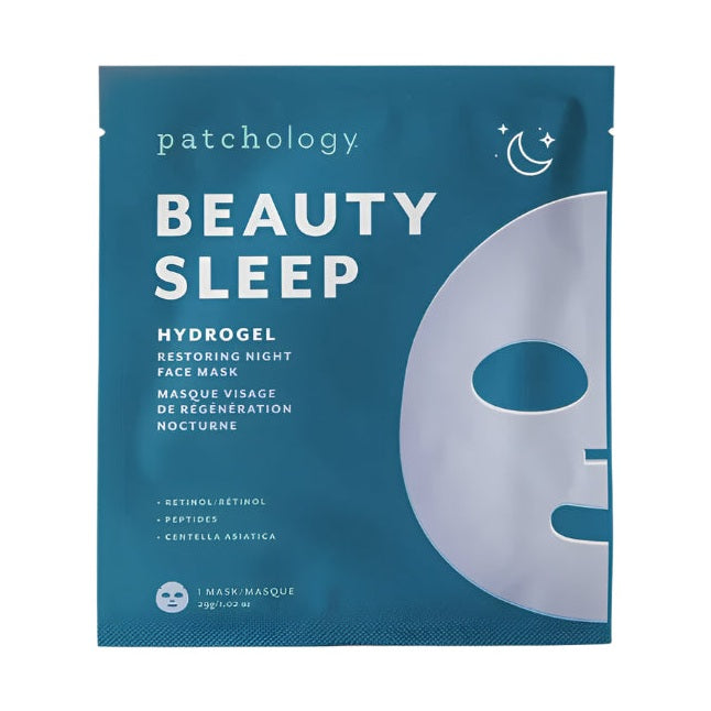 Graphic design by Patchology of the Beauty Sleep Hydrogel Restoring Night Face Mask sachet featuring a deep teal background with a white crescent moon icon and a list of ingredients including retinol and peptides