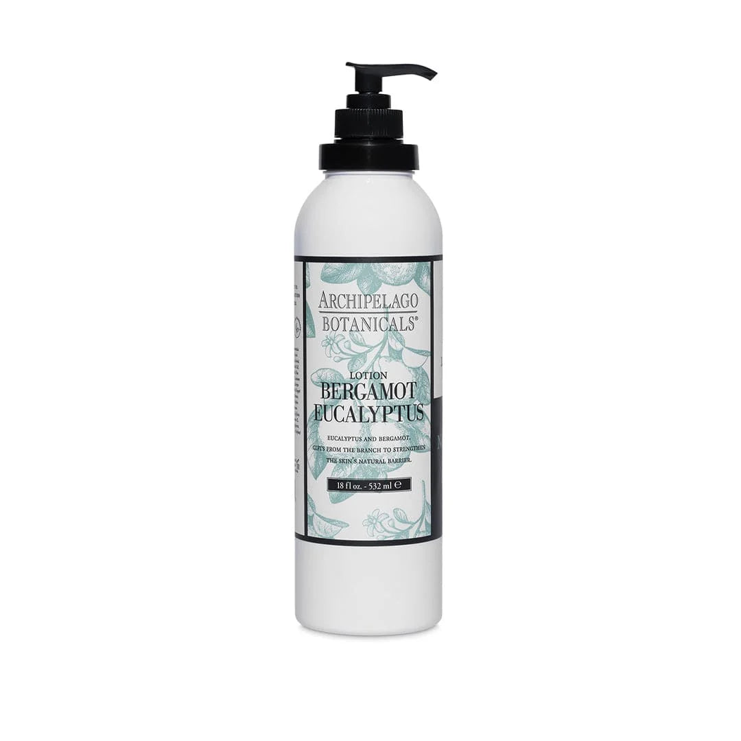 Studio product photograph by Archipelago Botanicals of a white bottle of Bergamot Eucalyptus lotion on a plain white backdrop featuring a matte black pump, intricate teal botanical illustrations, and bold serif branding
