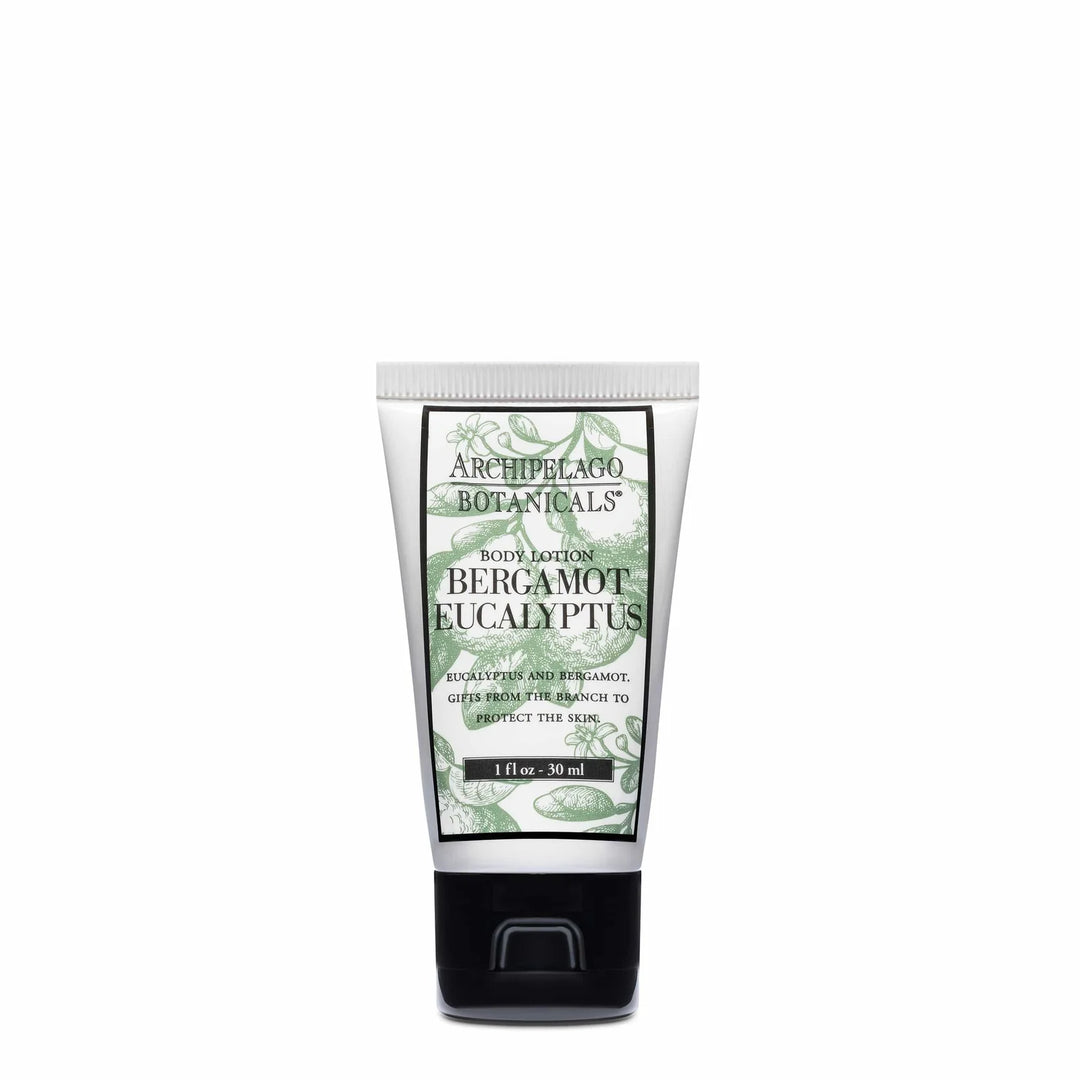 Product photograph by Archipelago Botanicals of a white Bergamot Eucalyptus body lotion tube centered on a white background featuring a black flip-top cap and mint green botanical sketches of fruit and foliage