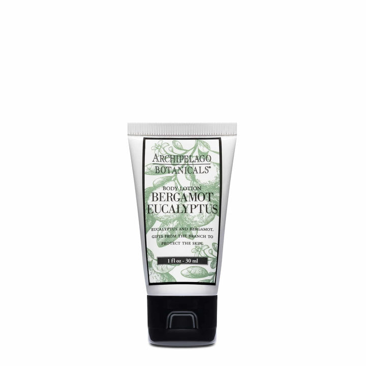 Product photograph by Archipelago Botanicals of a white Bergamot Eucalyptus body lotion tube centered on a white background featuring a black flip-top cap and mint green botanical sketches of fruit and foliage