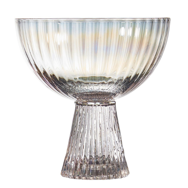 Glassware pedestal bowl centered on a white background featuring vertical fluted ribbing, a shimmering iridescent finish, and a sturdy flared base