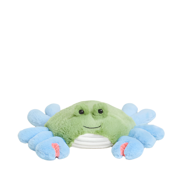 Plush toy by Jellycat featuring a smiling crab on a white background with a fuzzy green shell, light blue segmented legs, and small pink pincers