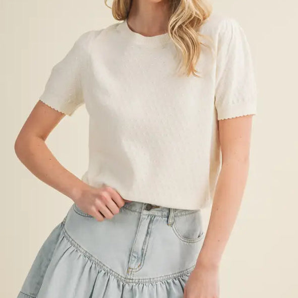 Starburst Pointelle Puff Sleeve Sweater