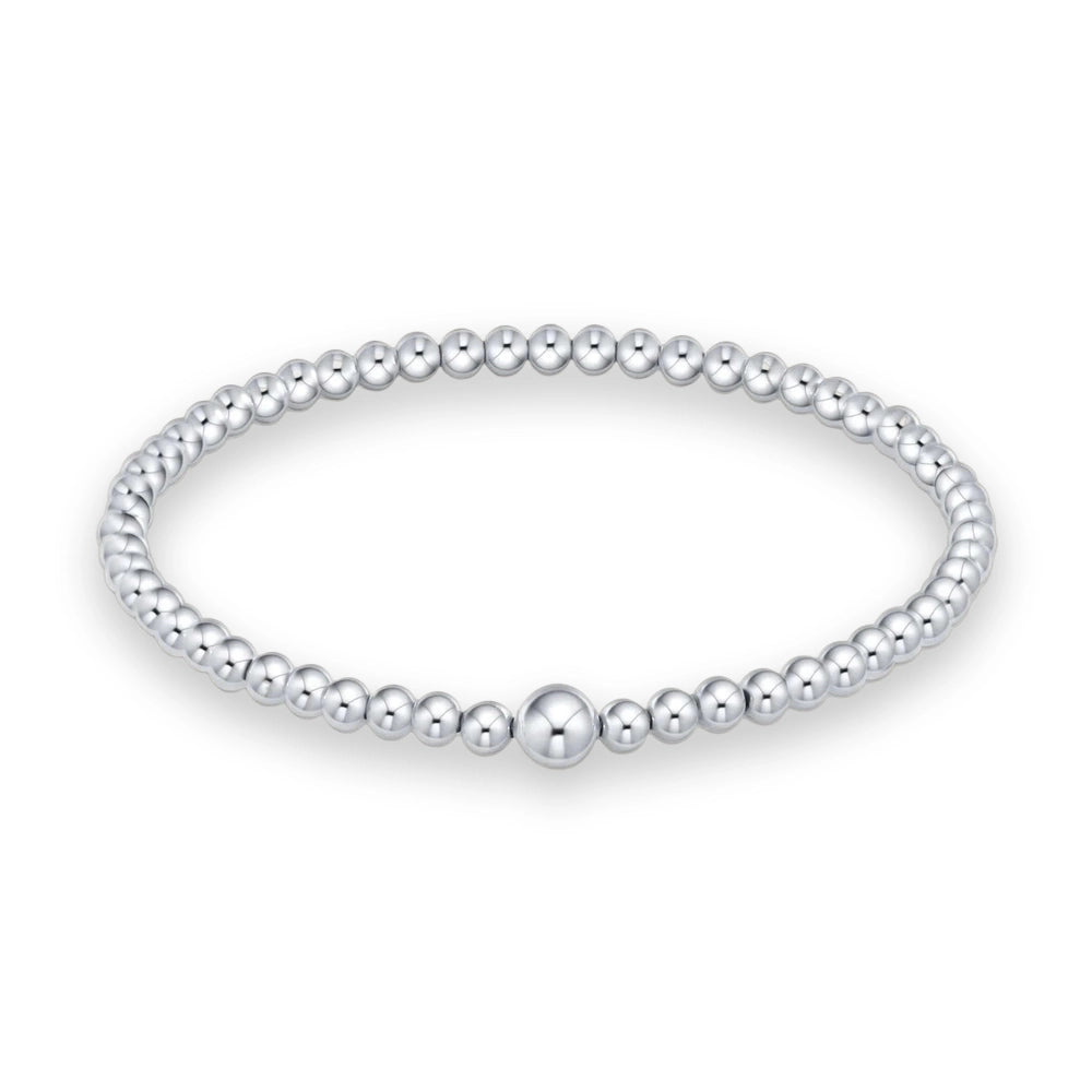 Polished sterling silver bead bracelet by an unidentified artist showcased on a white background featuring uniform high-shine spheres and a single prominent larger centerpiece bead at the bottom center