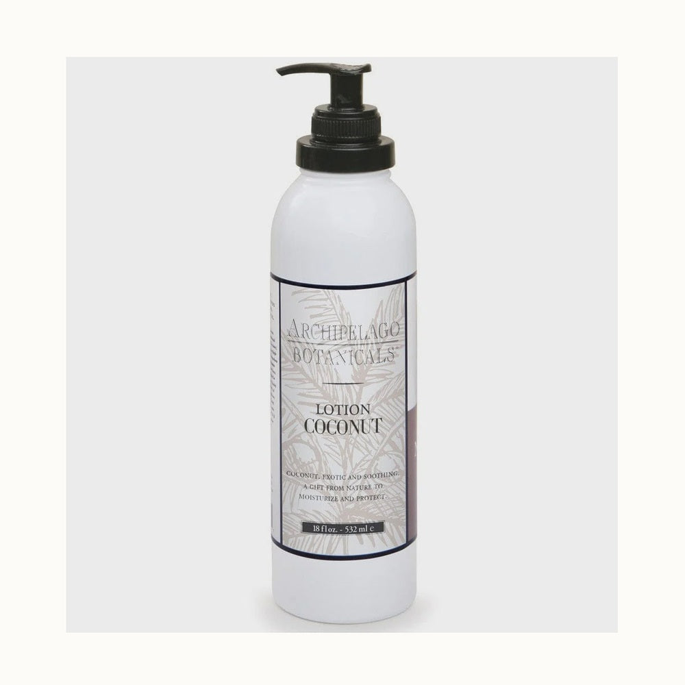 Product photograph of Archipelago Botanicals Coconut Lotion featuring a white pump-top bottle with a botanical label accented by light tan palm fronds and distinct black serif lettering