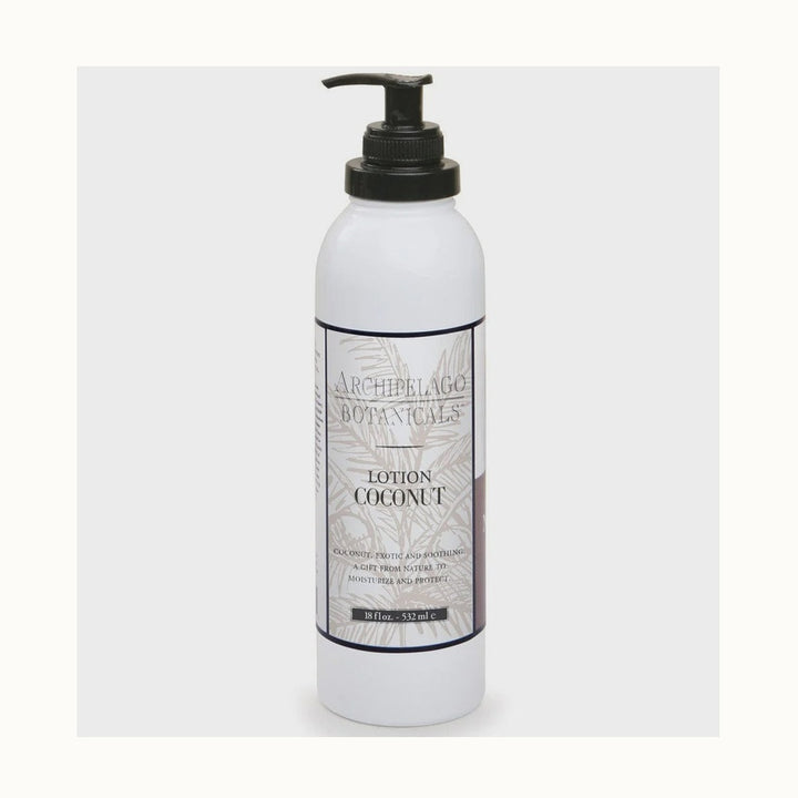 Product photograph of Archipelago Botanicals Coconut Lotion featuring a white pump-top bottle with a botanical label accented by light tan palm fronds and distinct black serif lettering