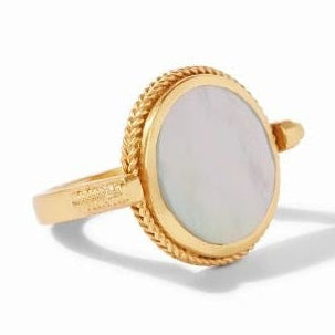 Monica Vinader gold-plated brass ring featuring an iridescent oval mother-of-pearl stone framed by a braided rope texture and an engraved band on a white background