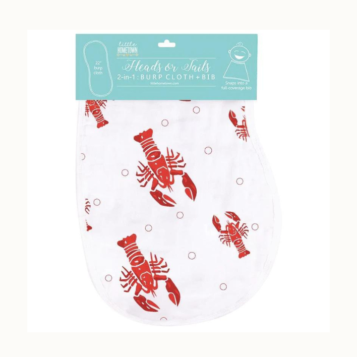 Cotton burp cloth and bib by Little Hometown features an iconic Louisiana-themed pattern of vibrant red crawfish and small red ring bubbles on white fabric