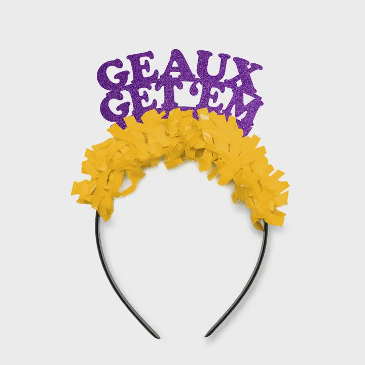 Commercial fan accessory of an LSU-themed headband featuring purple glitter GEAUX GET EM script and a textured yellow tinsel fringe on a thin black band against a white background