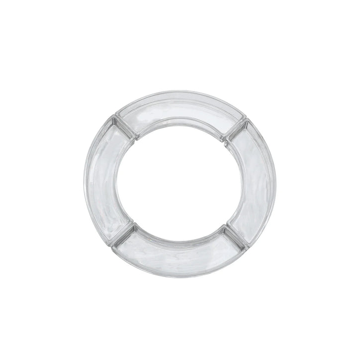 Clear glass dish set featuring a circular serving tray on a white background with four interlocking curved sections, polished transparent surfaces, and smooth rounded ridges
