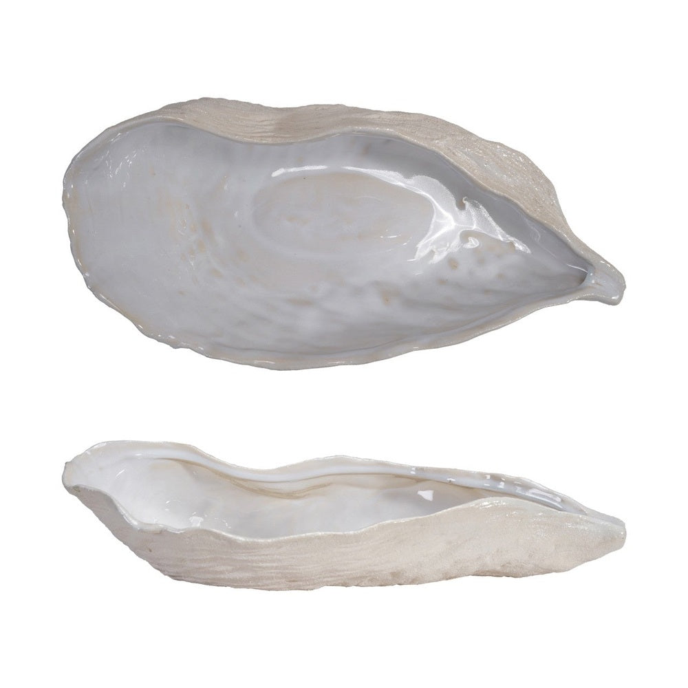Ceramic decorative oyster-shaped bowls displayed in top and profile views against a white background featuring a smooth iridescent glazed interior and a rough textured beige exterior with organic wavy edges