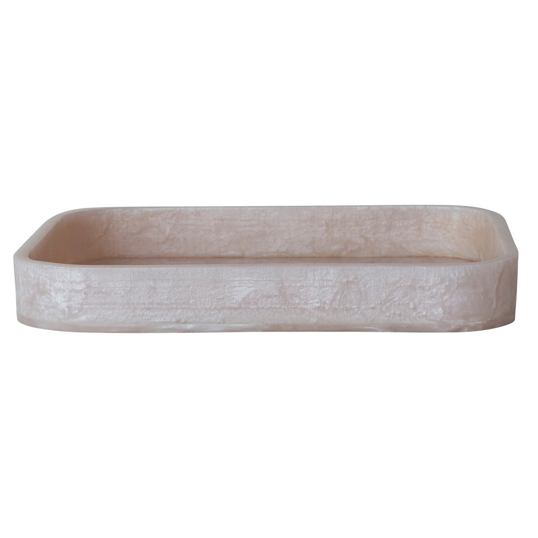 Resin rectangular tray featuring a pale pink marble-textured finish, shallow basin, and smooth rounded corners centered on a minimalist white background