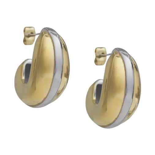 Two-tone metal jewelry photography displays a pair of chunky gold-plated hoop earrings centered on a white studio background featuring a high-polish yellow gold finish, a contrasting silver-toned central stripe, and secure butterfly post backings