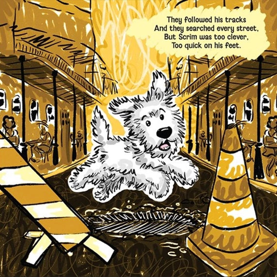 Digital illustration from the book Scrim featuring a fluffy white terrier jumping over a pothole in the New Orleans French Quarter past iconic wrought-iron balconies, a yellow traffic cone, and a striped construction barrier