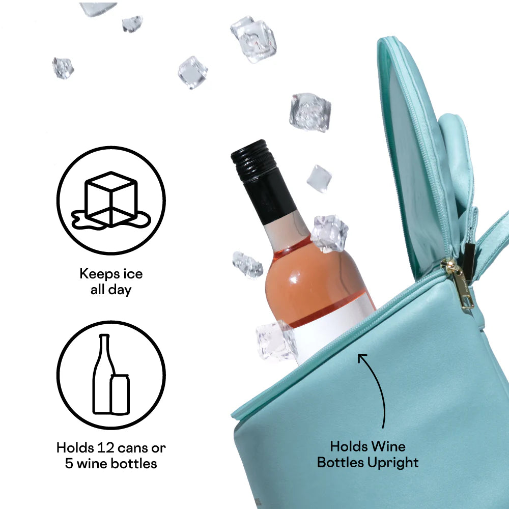 Digital product graphic of a mint blue insulated cooler bag on a white background featuring a rose wine bottle surrounded by floating ice cubes and icons detailing its capacity for twelve cans or five bottles while keeping ice cold all day