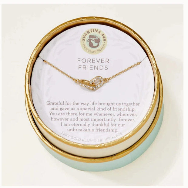 18kt gold plated necklace by Spartina 449 features interlocking crystal-encrusted oval links inside a circular gift box displaying a mermaid logo and a sentimental Forever Friends message with a mint green trim