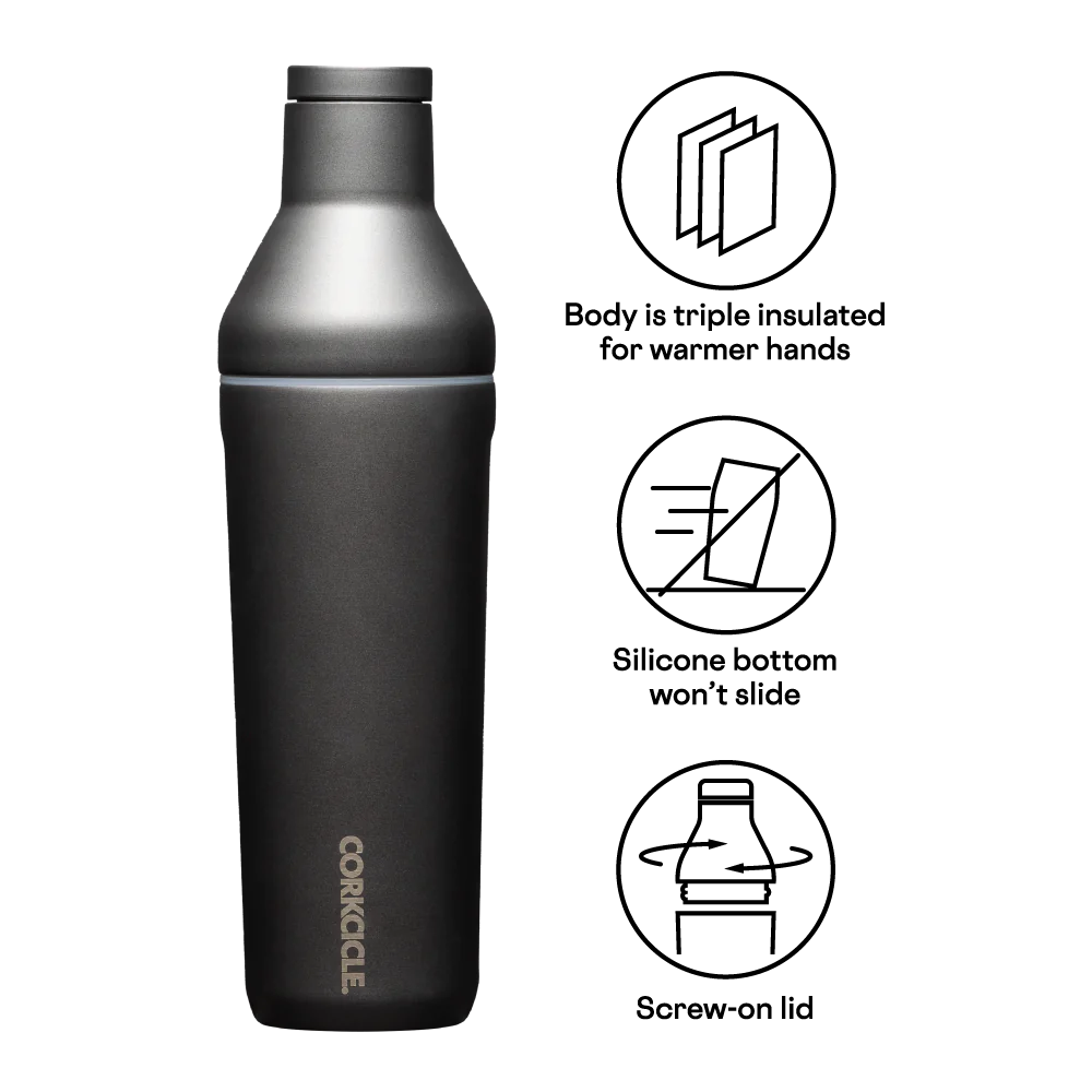 Product photograph by Corkcicle of a gunmetal grey canteen centered on a black background featuring a sleek matte finish, signature flat sides for grip, and a vertical silver logo near the base