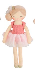 Handcrafted fabric ballerina doll by Alimrose featuring a soft pink tulle tutu, a textured salmon bodice, and a blonde bun with a shimmering gold star clip against a white background