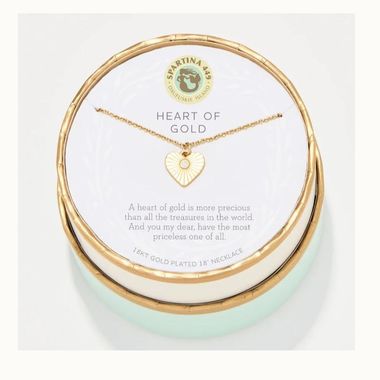18kt gold plated necklace by Spartina 449 featuring a sunburst-engraved heart pendant with a crystal center presented in its circular Daufuskie Island gift box with gold trim