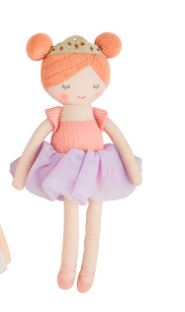 Handcrafted fabric ballerina doll featuring orange yarn hair buns, a sparkly gold tiara, and a voluminous lavender tulle tutu against a white background