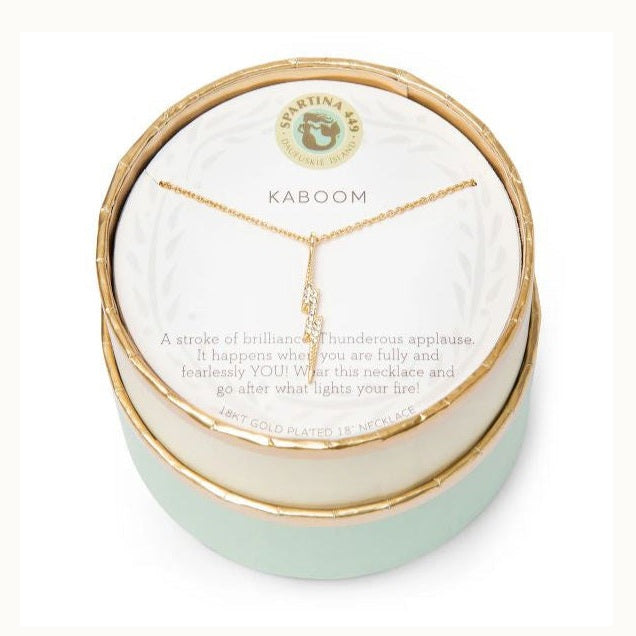 18kt gold plated necklace by Spartina 449 featuring a crystal-encrusted lightning bolt pendant displayed in a round mint-green decorative box with gold trim and the brand&